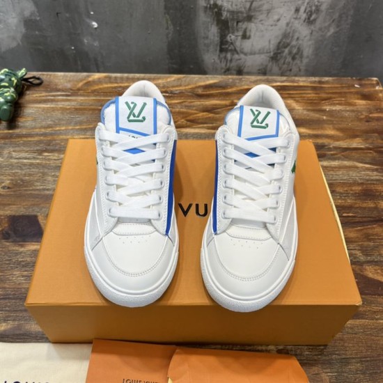 Front view of L Charlie Low Top Leather Trainers in white, blue and green Front view of L Charlie Low Top Leather Trainers in white, blue and green