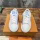 Front view of L Charlie Low Top Leather Trainers in white, blue and green Front view of L Charlie Low Top Leather Trainers in white, blue and green