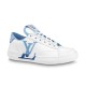 L Charlie Low Top Leather Blue Accent Trainers Side View in blue and white L Charlie Low Top Leather Blue Accent Trainers side profile view in white and blue