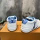 L Charlie Low Top Leather Blue Accent Trainers Heel View in blue and white L Charlie Low Top Leather Blue Accent Trainers rear heel counter view with blue branding in blue and white