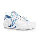 L Charlie Low Top Leather Blue Accent Trainers Studio Profile in blue and white L Charlie Low Top Leather Blue Accent Trainers studio side profile shot on white background