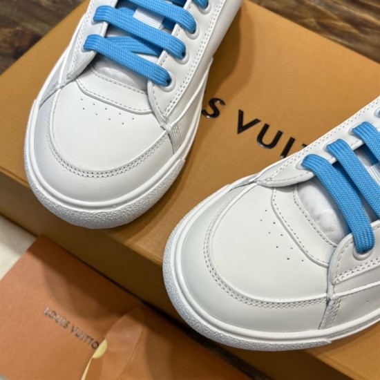L Charlie Low Top Leather Blue Accent Trainers Toe Box Detail in blue and white L Charlie Low Top Leather Blue Accent Trainers toe box area and lace details in blue and white