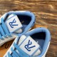 L Charlie Low Top Leather Blue Accent Trainers Interior and Tongue Detail in blue and white L Charlie Low Top Leather Blue Accent Trainers close up of inner lining and branded tongue in blue and white