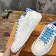 L Charlie Low Top Leather Blue Accent Trainers Upper Detail in blue and white L Charlie Low Top Leather Blue Accent Trainers side upper profile highlighting perforation in blue and white