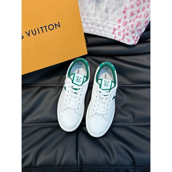 L Charlie Low Top Leather Trainers In White And Green - Top View Top-down view of L white and green leather trainers showcasing laces and tongue tags