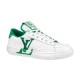 L Charlie Low Top Leather Trainers In White And Green - Studio View Studio shot of L Charlie low top leather trainers in white and green