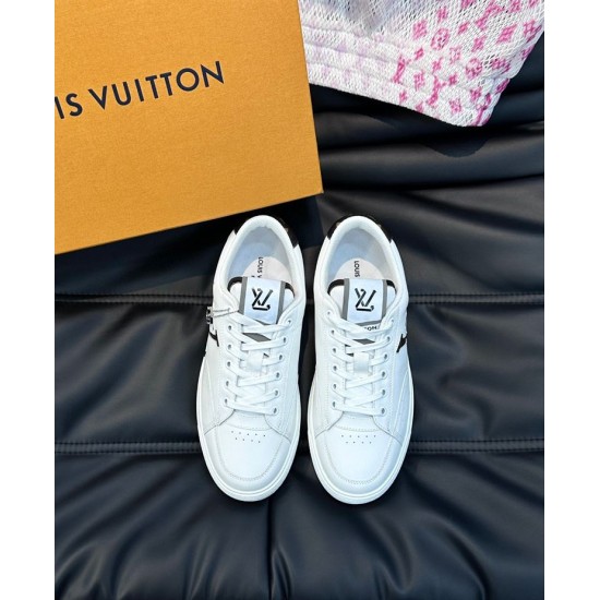 L Charlie White Leather Trainers Top View Top-down view of white L Charlie trainers showing white laces and branded grey tongue tags