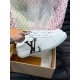 L Charlie White Trainer Lateral Profile View Side profile view of L Charlie white trainer with metallic charm held in hand above box