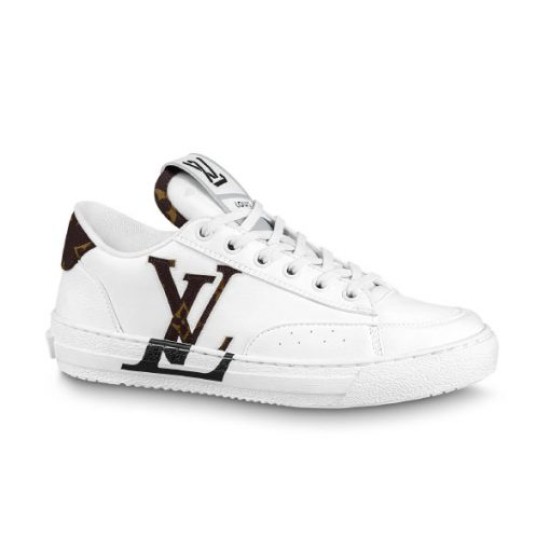 L Charlie White Low Top Trainer Studio View Studio shot of L Charlie white leather low top trainer with brown monogram detailing