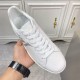 Laced Upper View of L White Leather Low Top Trainers Close-up of the upper section and lace-up fastening of L white leather low top trainers
