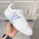 L Classic Leather Trainers Angled View in white and blue Angled side view of L white leather trainers with blue side graphic