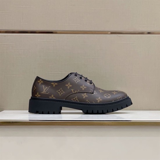 L Monogram Canvas Derby Shoes In Brown Side Angle in brown and black Lateral exterior view of brown patterned Derby shoe on display surface in brown and black