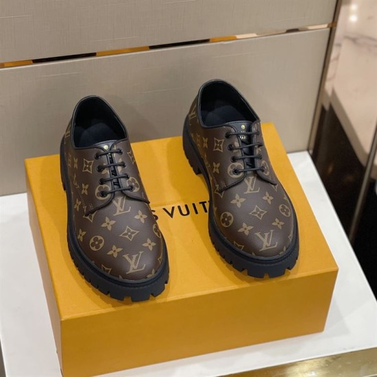L Monogram Canvas Derby Shoes In Brown Top View in brown and black Top-down front view showing laces and brown monogram canvas toe boxes in brown and black