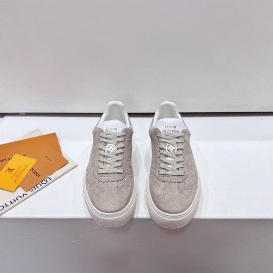 L Groovy Platform Monogram Suede Beige Trainers top-down laces view L Groovy Platform Monogram Suede Beige Trainers top-down laces view