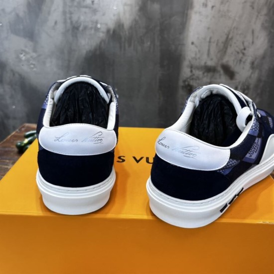 L Ollie Richelieu Navy Blue Low Top Trainers - Back View Rear view of L Ollie Richelieu navy blue trainers highlighting heel details