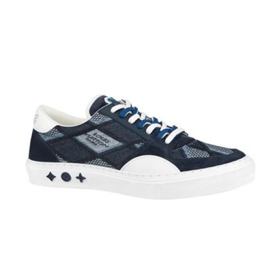 L Ollie Richelieu Navy Blue Low Top Trainers - Side Profile L Ollie Richelieu navy blue low top trainer viewed from the side profile
