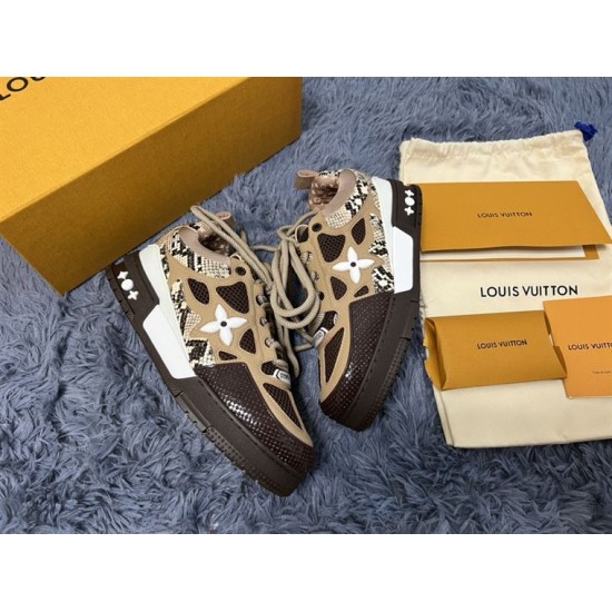 L Skate Sneaker pair with brown snakeskin pattern Pair of L Skate Sneakers in brown snakeskin pattern with packaging