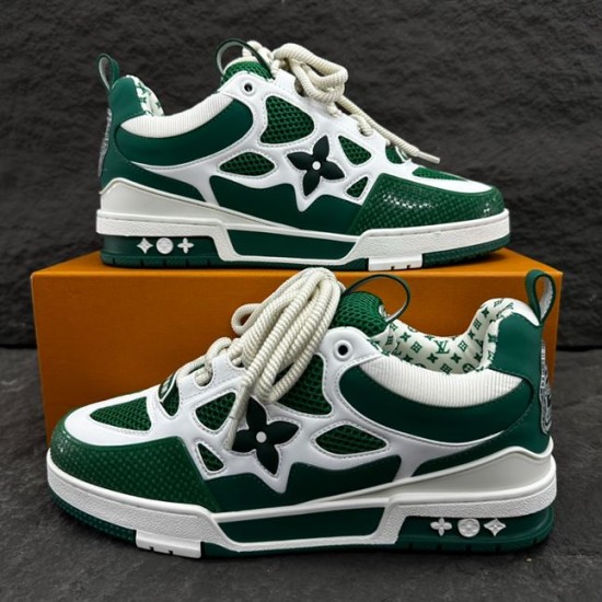 L Skate Sneaker Green White Low Top Trainers Box Display Dual angle layout of the L Skate Sneaker Green White Low Top Trainers on an orange box