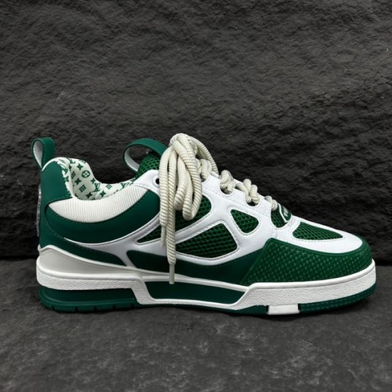 L Skate Sneaker Green White Low Top Trainers Side View Lateral side profile of the L Skate Sneaker Green White Low Top Trainers on dark texture