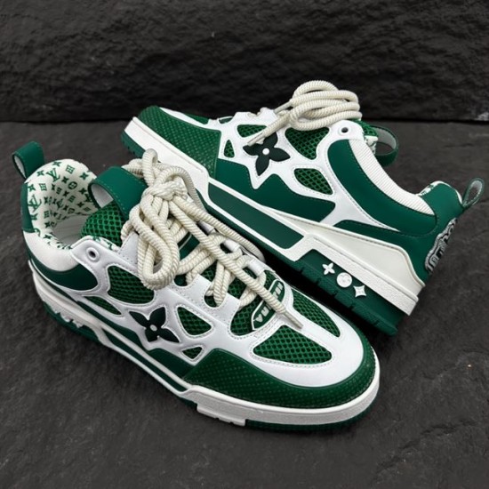 L Skate Sneaker Green White Low Top Trainers Upper Angle Top-down angle showing the laced upper of the L Skate Sneaker Green White Low Top Trainers