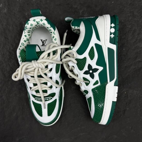 L Skate Sneaker Green White Low Top Trainers Overhead View Overhead layout showing both green and white low top trainers side by side