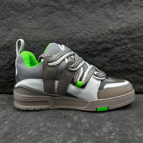 L Skate Grey Green Leather Chunky Trainers Lateral View Lateral side view displaying the stitching and sole of L skate grey green leather chunky trainers