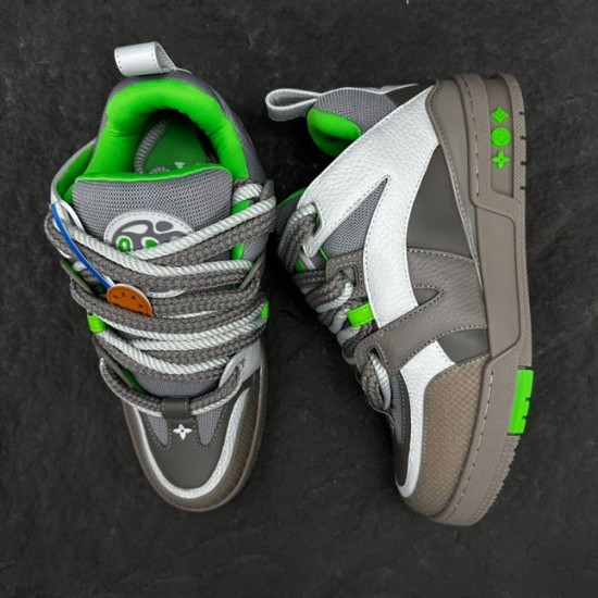 L Skate Grey Green Leather Chunky Trainers Overhead Pair Top down arrangement showcasing two L skate grey green leather chunky trainers
