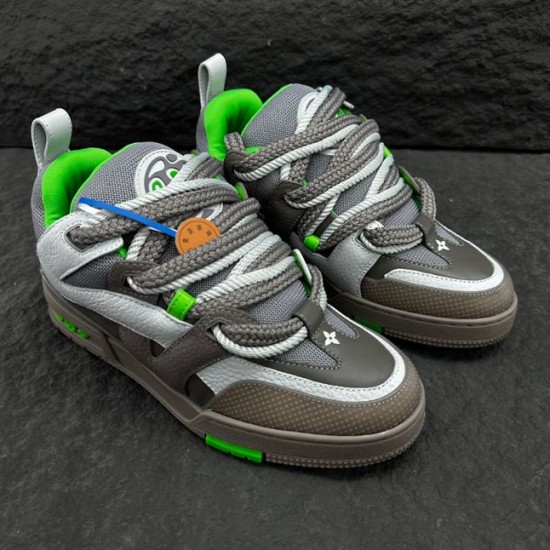 L Skate Grey Green Leather Chunky Trainers Top Angled View Angled top view showing thick rope laces of L skate grey green leather chunky trainers