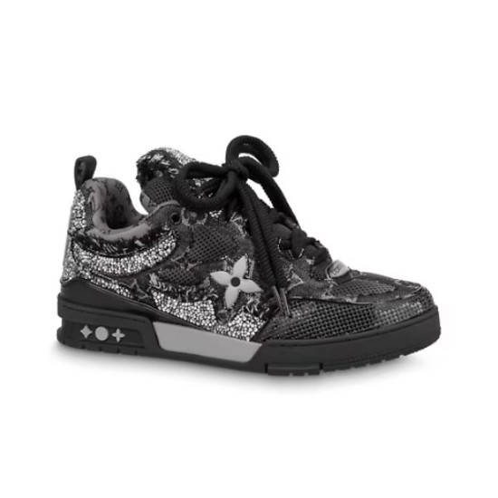 Studio side profile of black L skate shoes trainer with crystal embellishments Studio side profile of black L skate shoes trainer with crystal embellishments