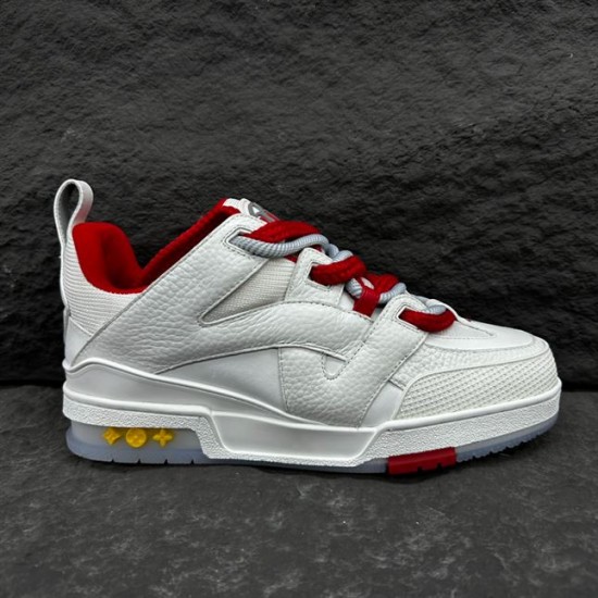 Lateral side view of L Skate Leather Trainers in white and red showcasing the midsole