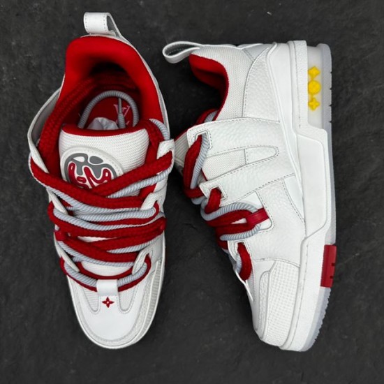 Top-down view of L Skate Leather Trainers in white and red highlighting thick laces