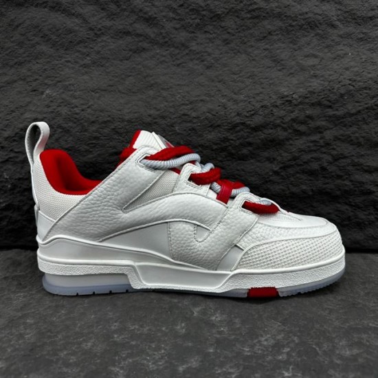 Outer profile view of L Skate Leather Trainers in white and red emphasizing stitching