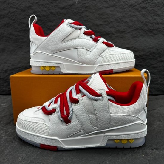 Pair of L Skate Leather Trainers in white and red presented on an orange box