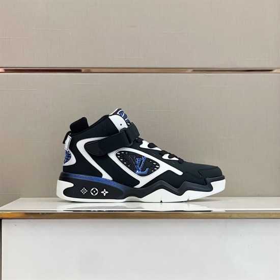 Studio Side View of L Trainer High Top Black White Blue Trainers Studio side view showing the black and white upper with blue branding