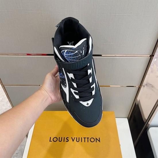 Top-Down View of L Trainer High Top Black White Blue Trainers Top-down view focusing on the toe box, laces and ankle strap in black and white