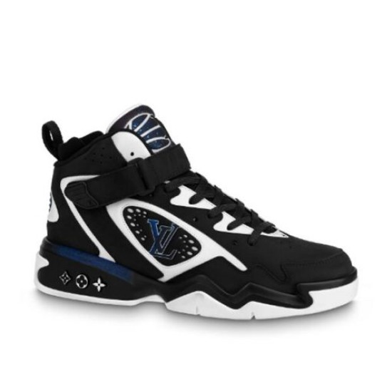 Studio Profile of L Trainer High Top Black White Blue Trainers Clean studio profile showcasing the complete black, white and blue silhouette