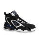 Studio Profile of L Trainer High Top Black White Blue Trainers Clean studio profile showcasing the complete black, white and blue silhouette