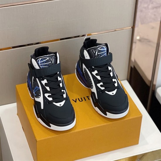Front Upper of L Trainer High Top Black White Blue Trainers Front upper view highlighting the laced fastening and padded tongue in black and white