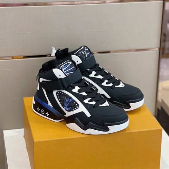 Angled Pair View of L Trainer High Top Black White Blue Trainers Angled front pair display showing the laces and patterned tongue in black and white