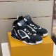Angled Pair View of L Trainer High Top Black White Blue Trainers Angled front pair display showing the laces and patterned tongue in black and white