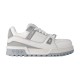 L Trainer Maxi Low Top Sneakers Grey White Studio View L Trainer Maxi low top sneakers in grey and white leather isolated studio profile