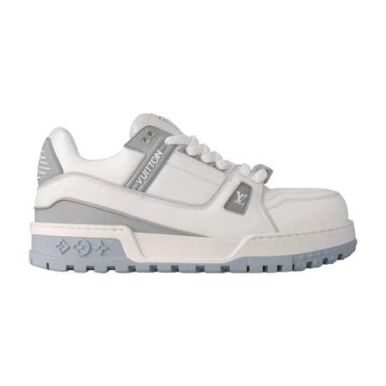 L Trainer Maxi Low Top Sneakers Grey White Profile View L Trainer Maxi low top sneakers in grey and white leather profile view