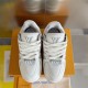 L Trainer Maxi Low Top Sneakers Grey White Front View L Trainer Maxi low top sneakers in grey and white leather front lacing view