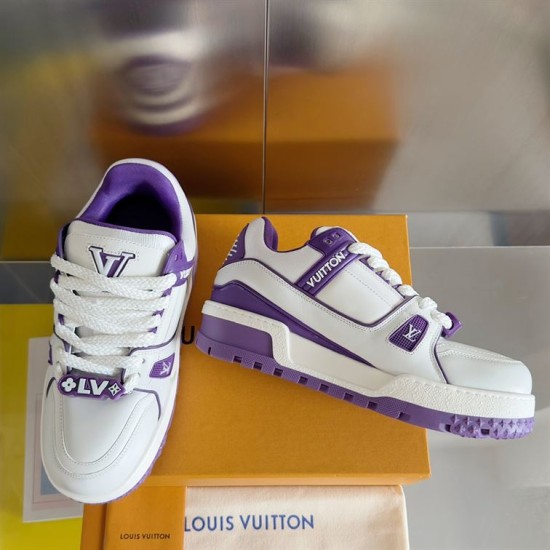 L Trainer Maxi Low Top Trainers White Violet Front Side View L trainer maxi low top trainers in white and violet front and side display