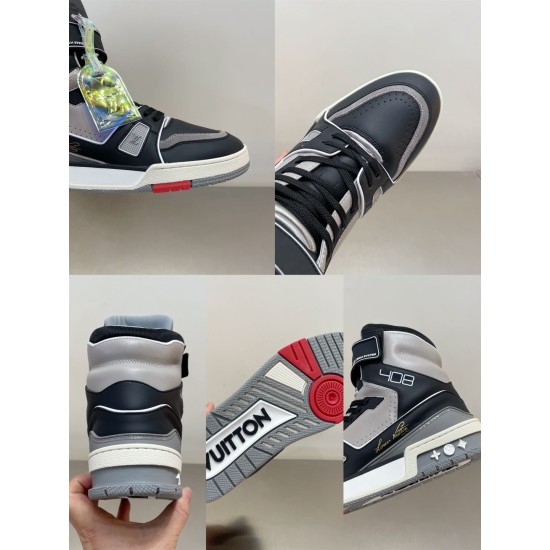 Close-up collage showing toe box, heel, side details, and outsole of L Trainer high top leather sneaker in black and grey