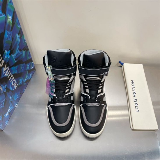 Pair of L Trainer high top leather sneakers in black and grey top view