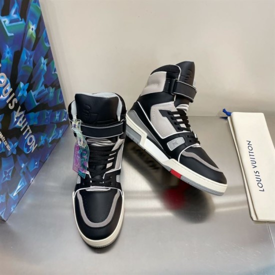 Pair of L Trainer high top leather sneakers in black and grey angled front view