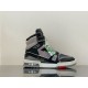 L Trainer high top leather sneaker in black and grey with iridescent hangtag side view