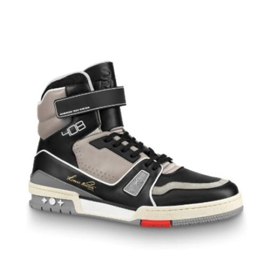 L Trainer high top leather sneaker in black and grey clean studio lateral view