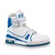 L High Top Trainer Sneaker Boot White Blue Studio View Studio profile view of L high top trainer sneaker boot in white and blue